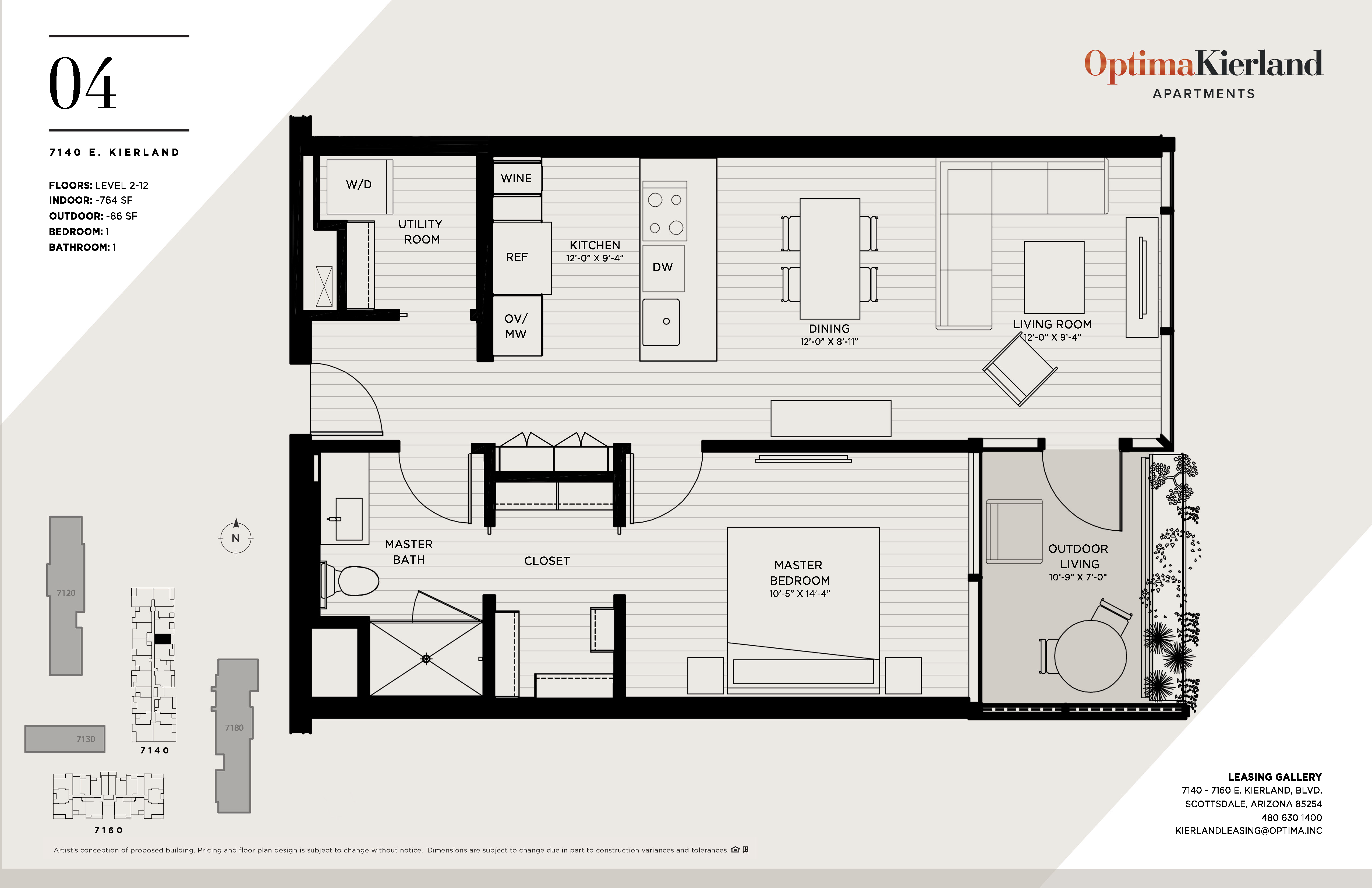 Floor plan for 1 bed, 1 bath, 764 sqft