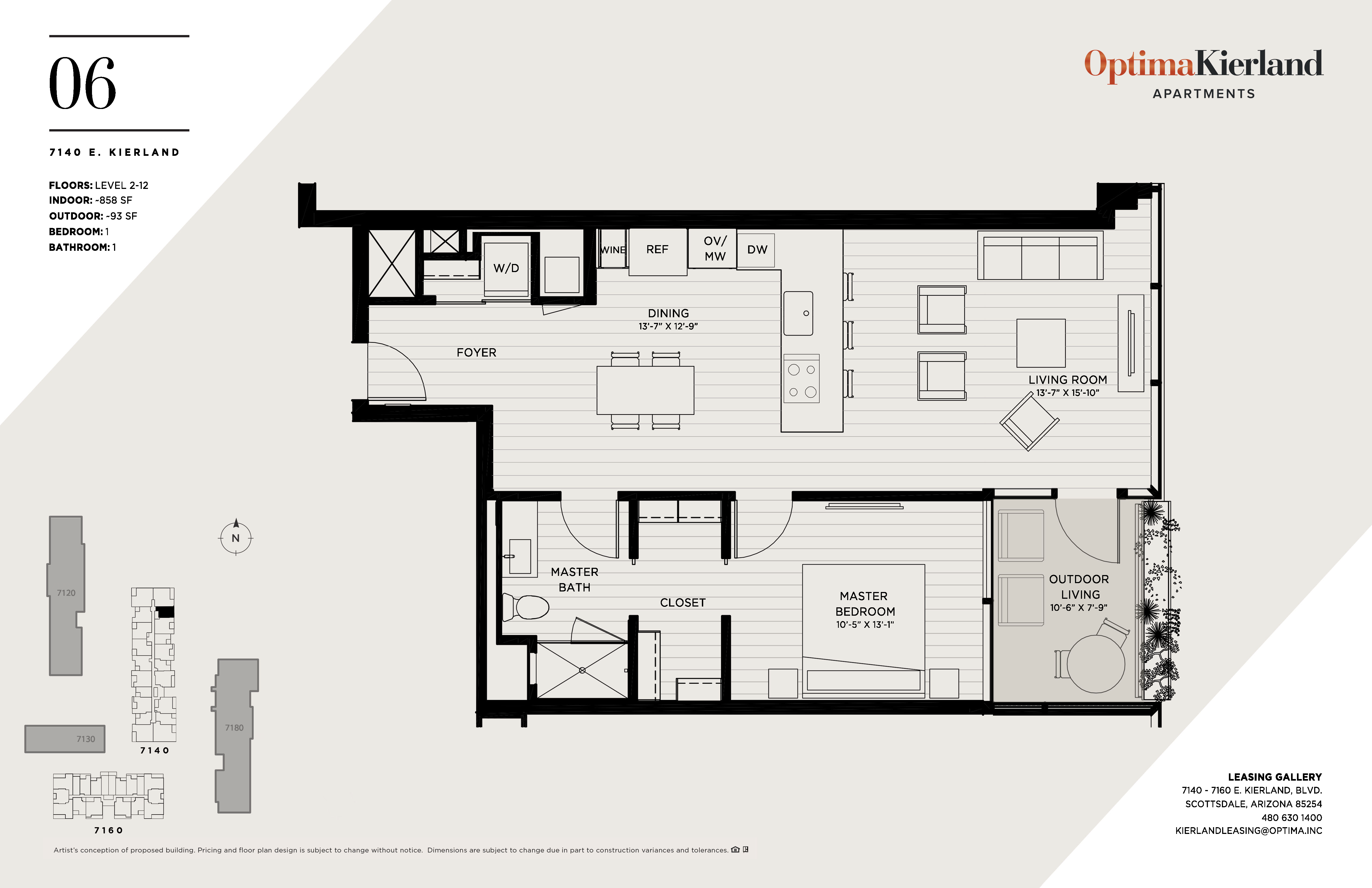 Floor plan for 1 bed, 1 bath, 858 sqft