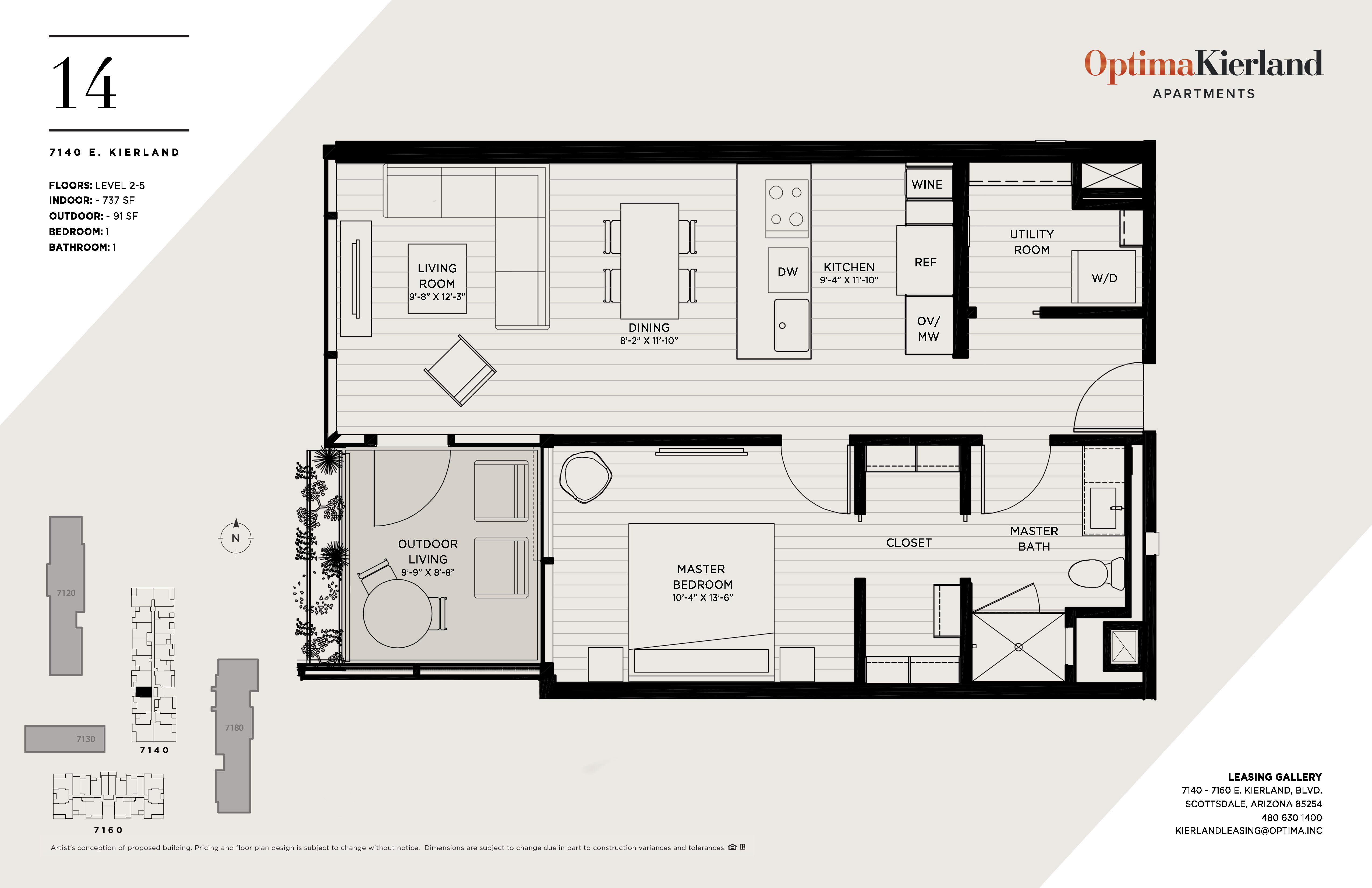 Floor plan for 1 bed, 1 bath, 737 sqft