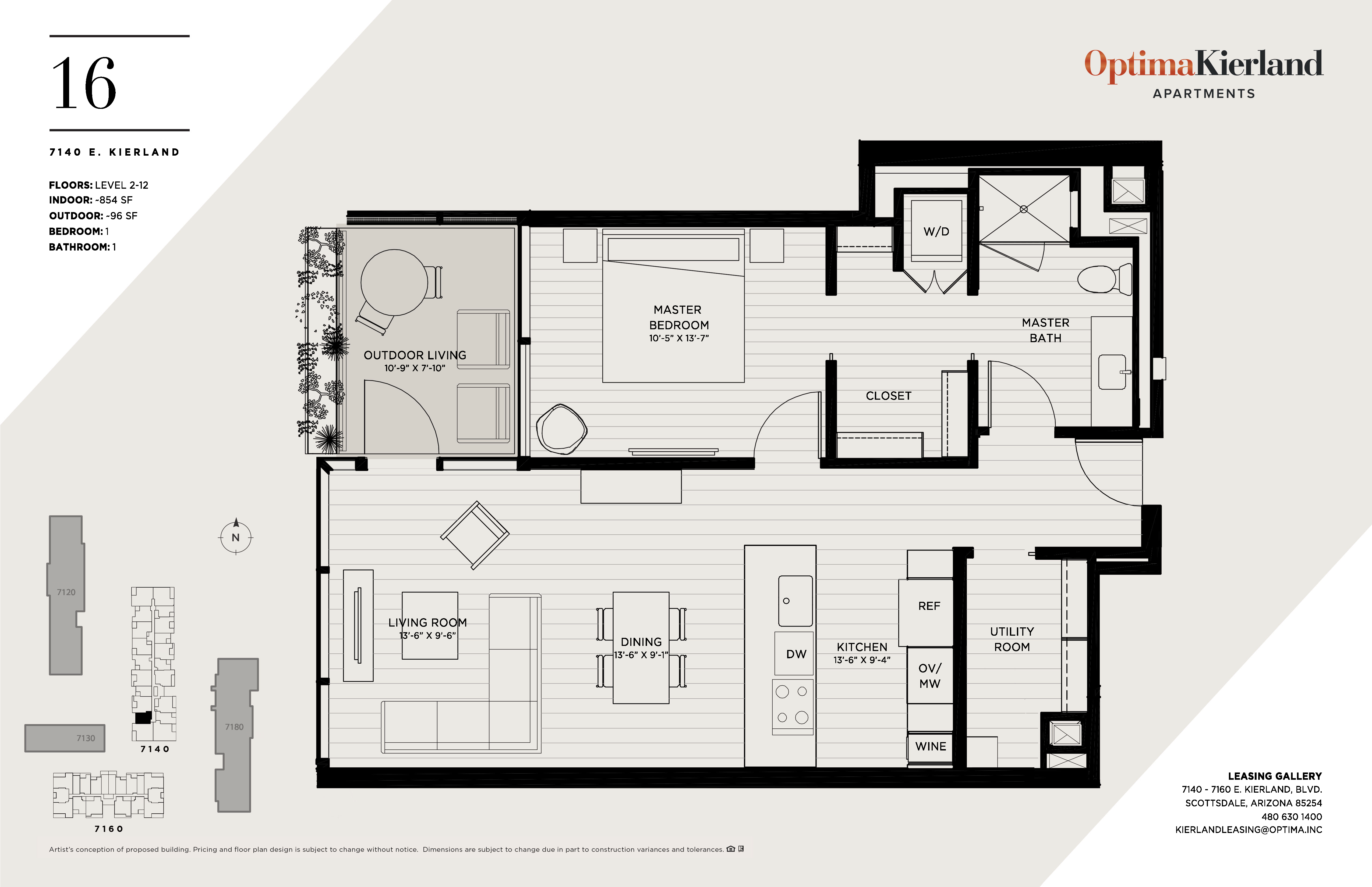 Floor plan for 1 bed, 1 bath, 854 sqft