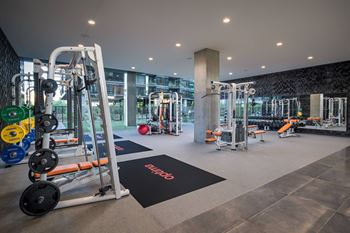 Indoor & outdoor fitness center with cardio, strength training, free weights, stretching, yoga & outdoor fitness area