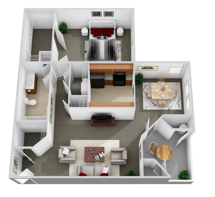 Floor plan for 1 bed, 1 bath, 884 sqft
