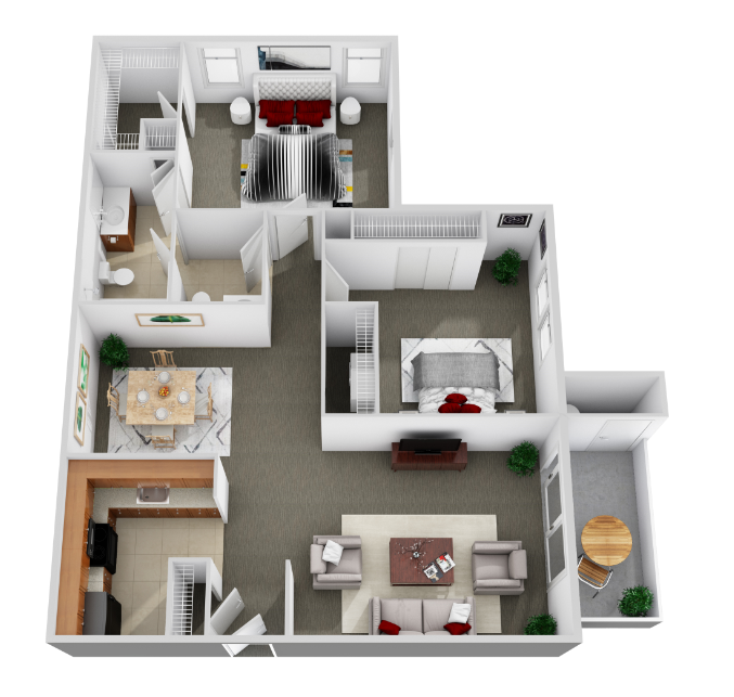 Floor plan for 2 beds, 1.5 baths, 1042 sqft