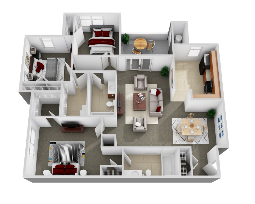 Floor plan for 3 beds, 2 baths, 1238 sqft