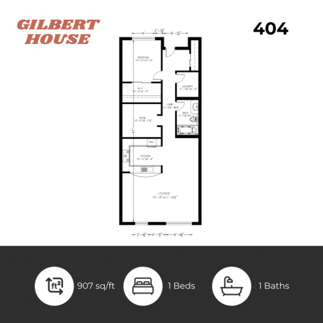 Floor plan for 1 bed, 1 bath, 907 sqft
