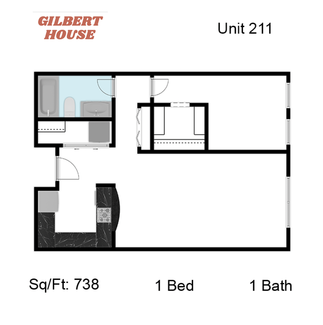 Floor plan for 1 bed, 1 bath, 738 sqft