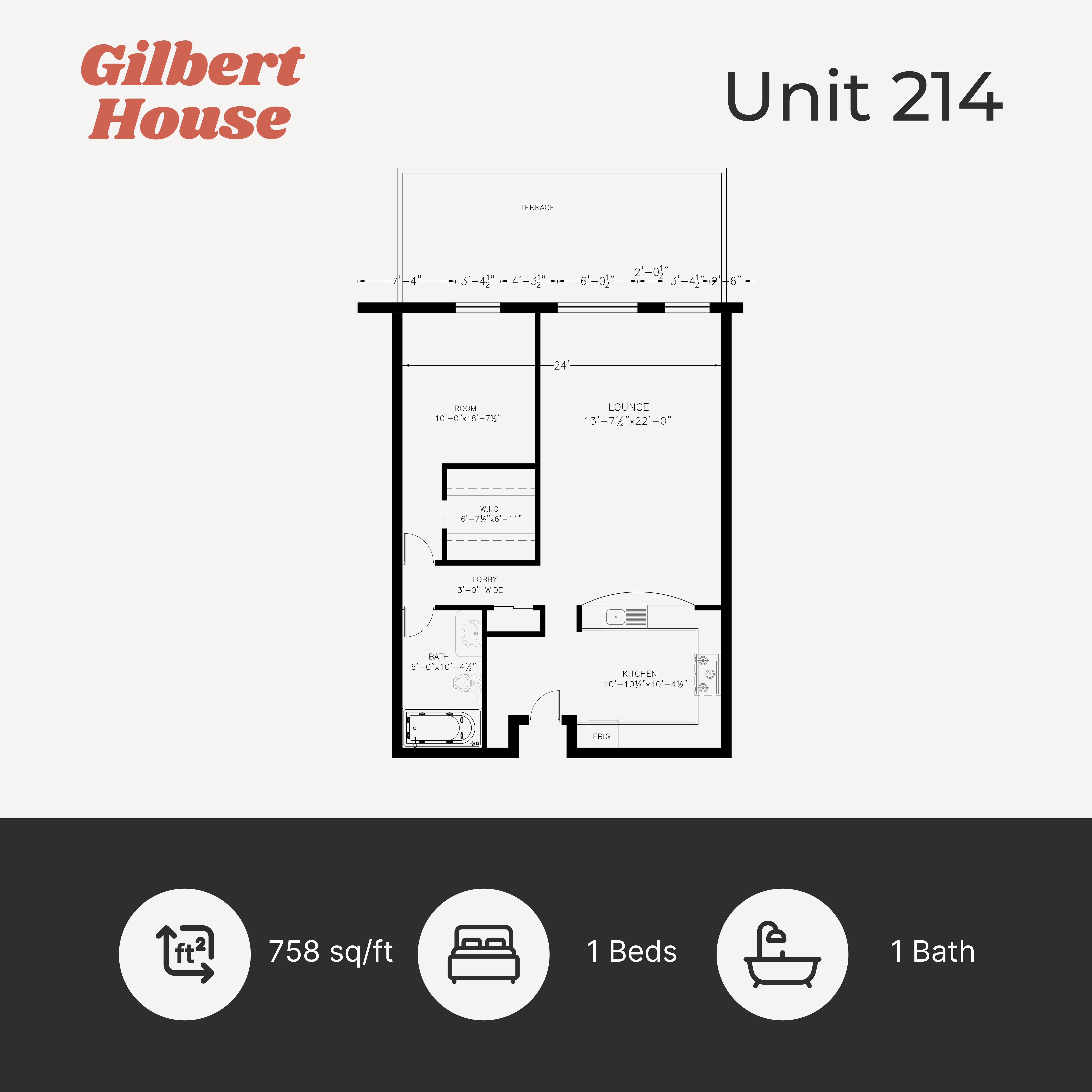 Floor plan for 1 bed, 1 bath, 775 sqft