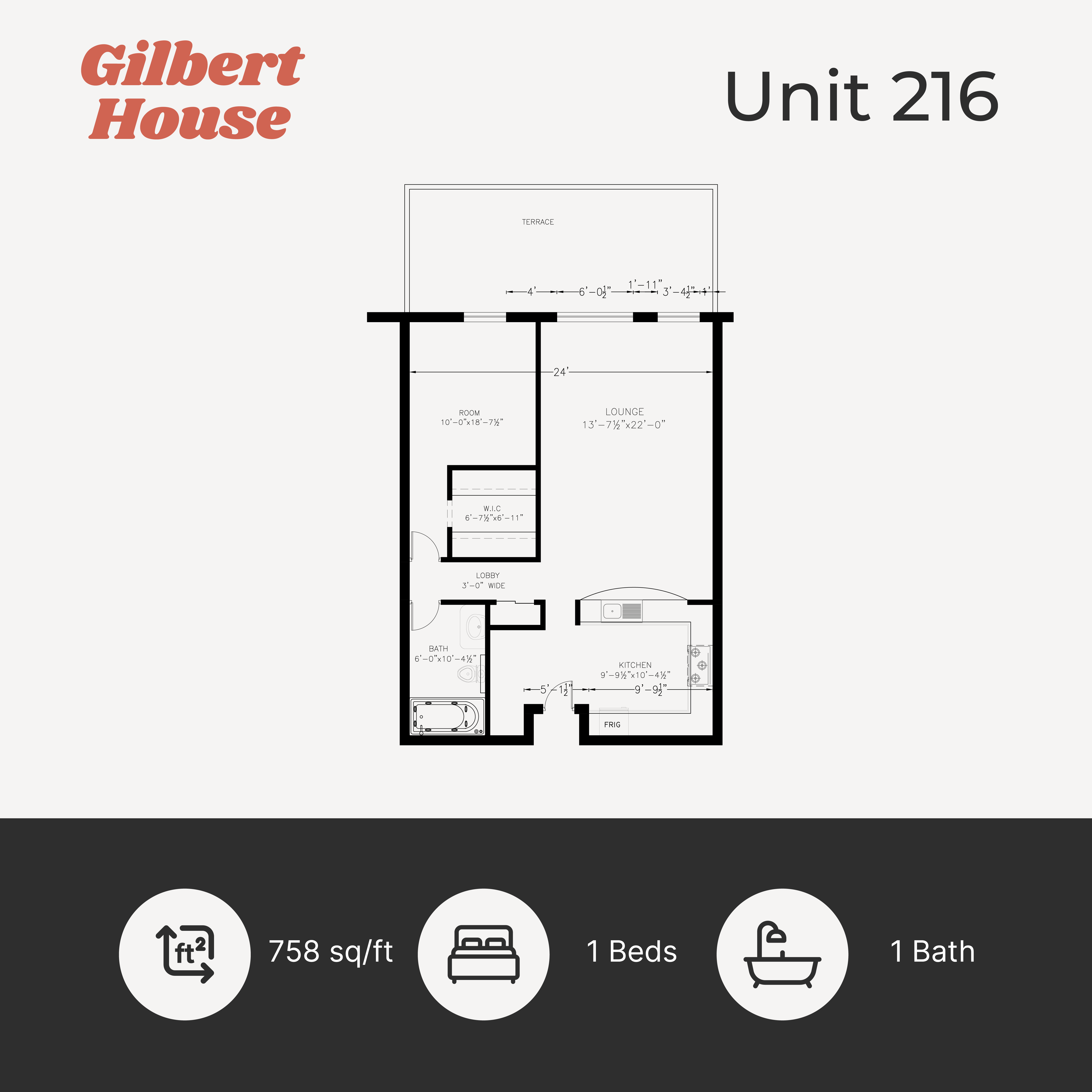 Floor plan for 1 bed, 1 bath, 758 sqft
