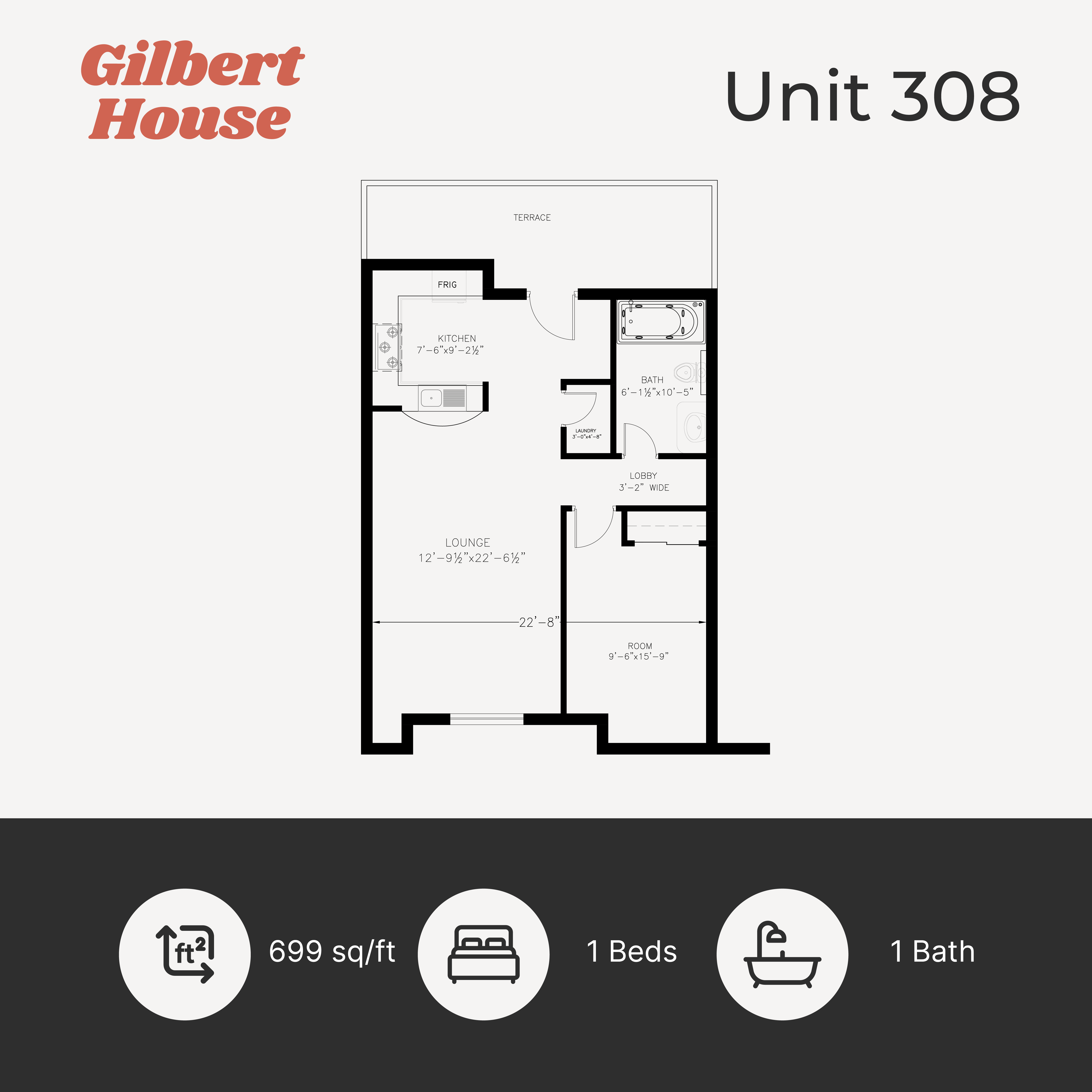 Floor plan for 1 bed, 1 bath, 699 sqft
