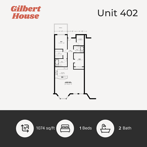 Floor plan for 1 bed, 2 baths, 1074 sqft