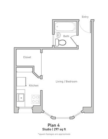 Floor plan for studio, 1 bath, 296 sqft
