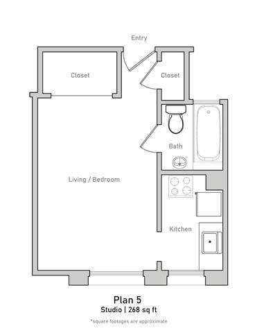 Floor plan for studio, 1 bath, 274 sqft