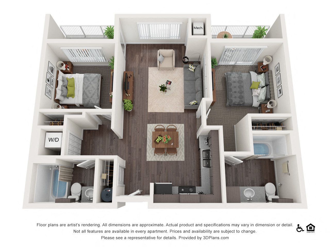 Floor plan for 2 beds, 2 baths, 930 sqft
