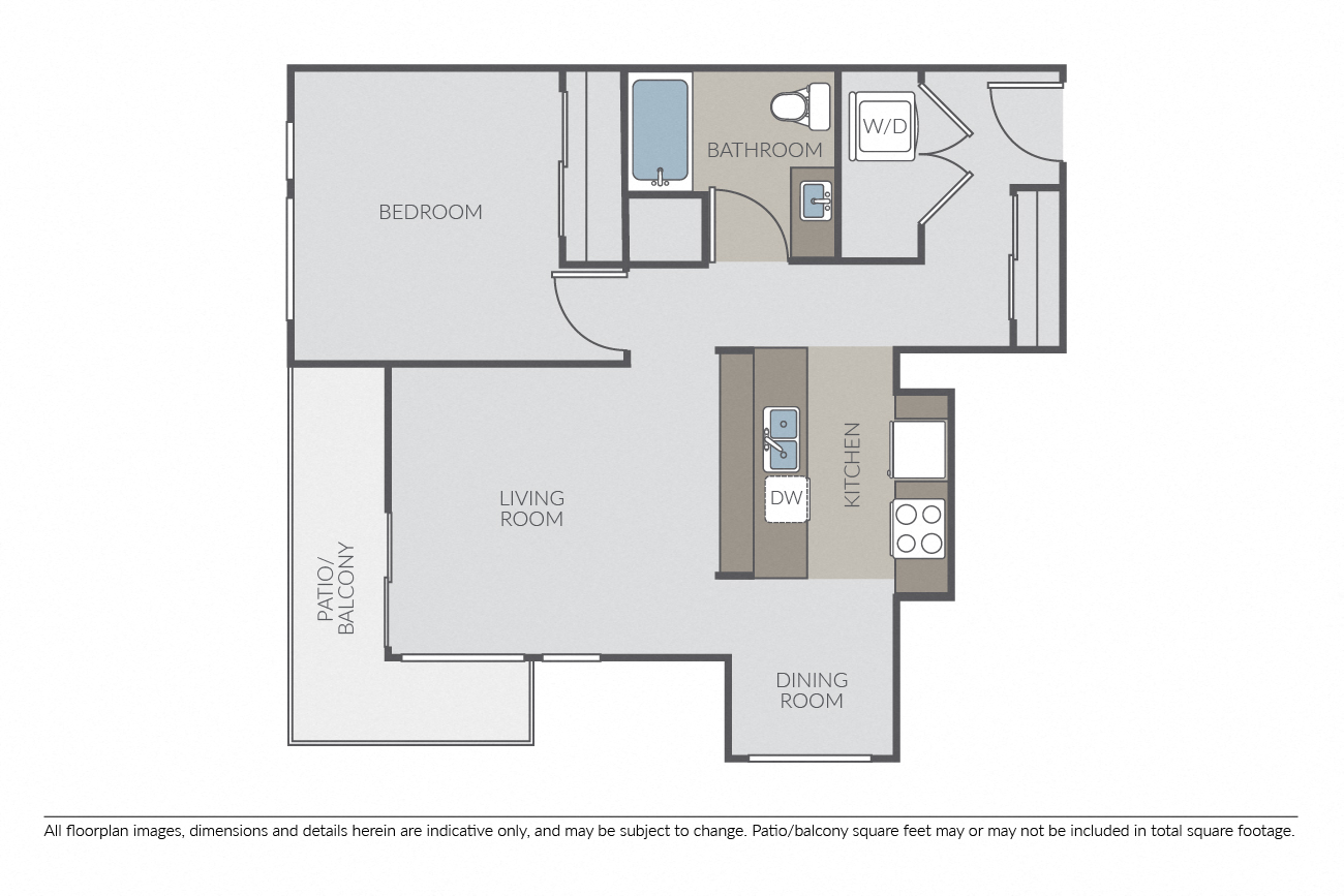 Floor plan for 1 bed, 1 bath, 752 sqft