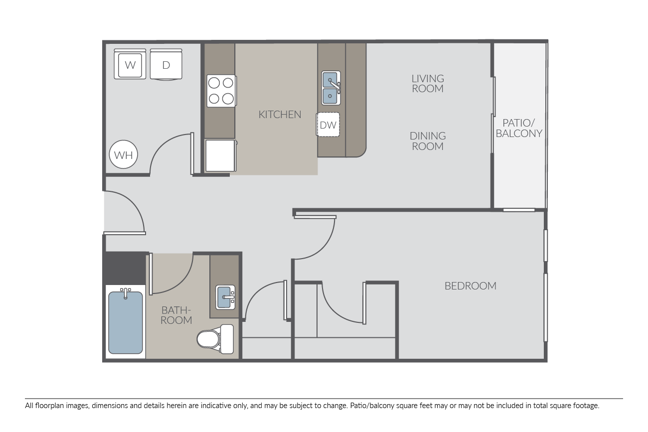 Floor plan for 1 bed, 1 bath, 744 sqft