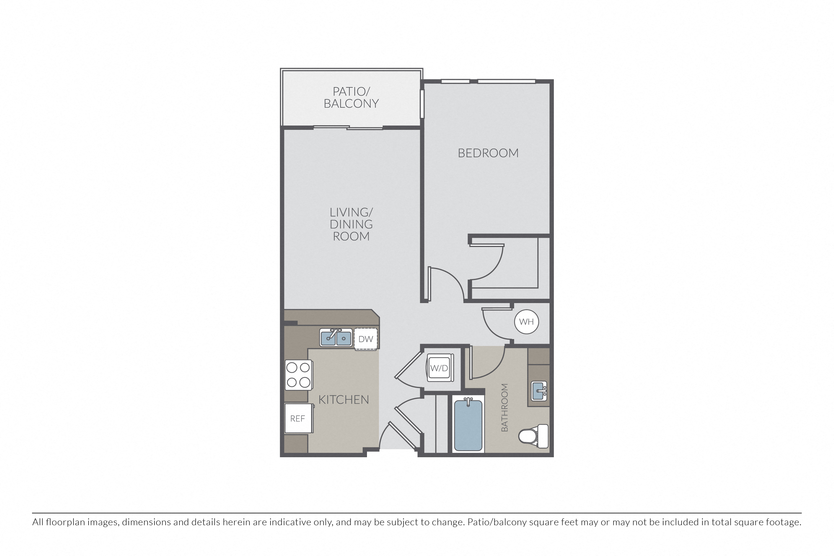 Floor plan for 1 bed, 1 bath, 744 sqft