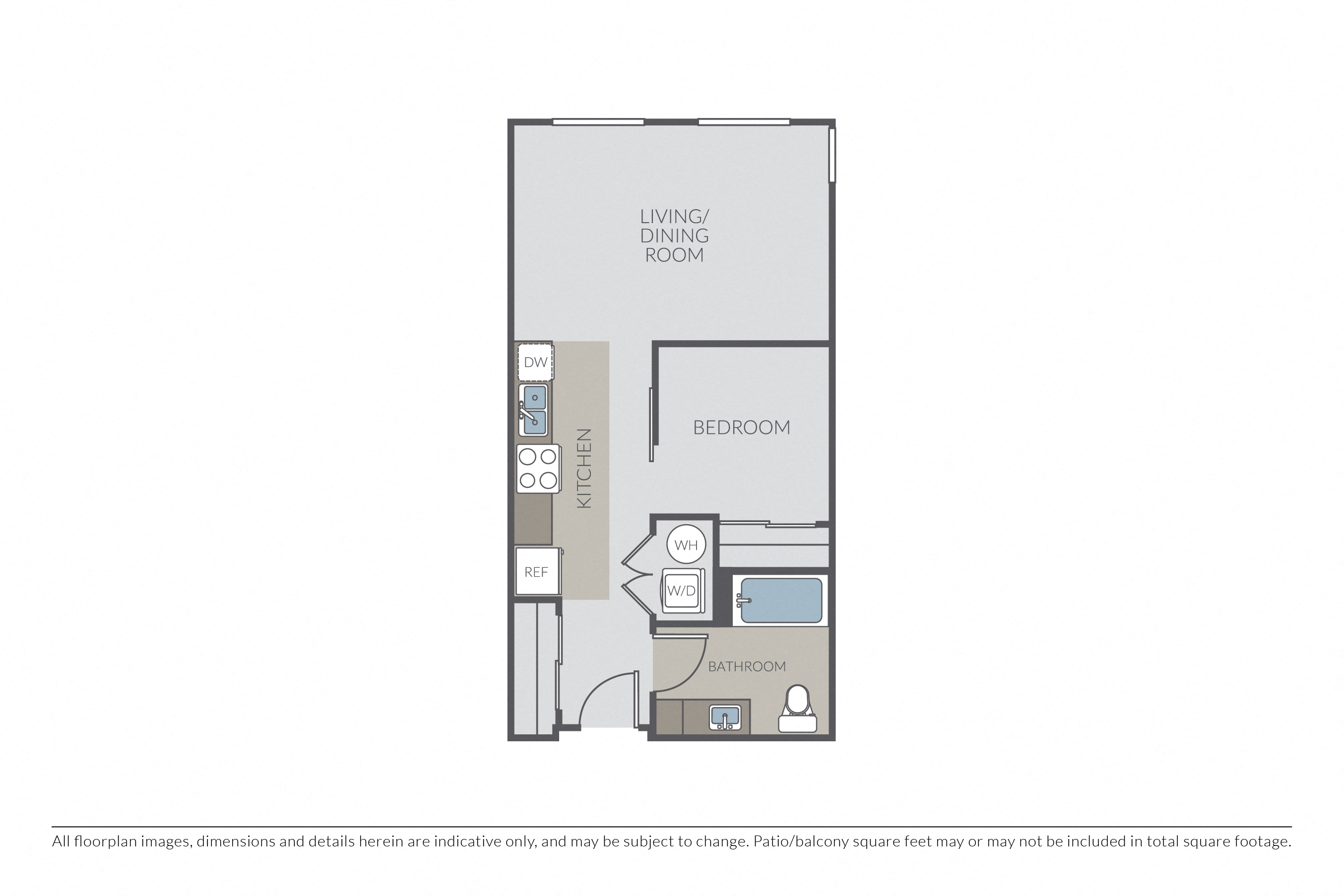 Floor plan for 1 bed, 1 bath, 578 sqft