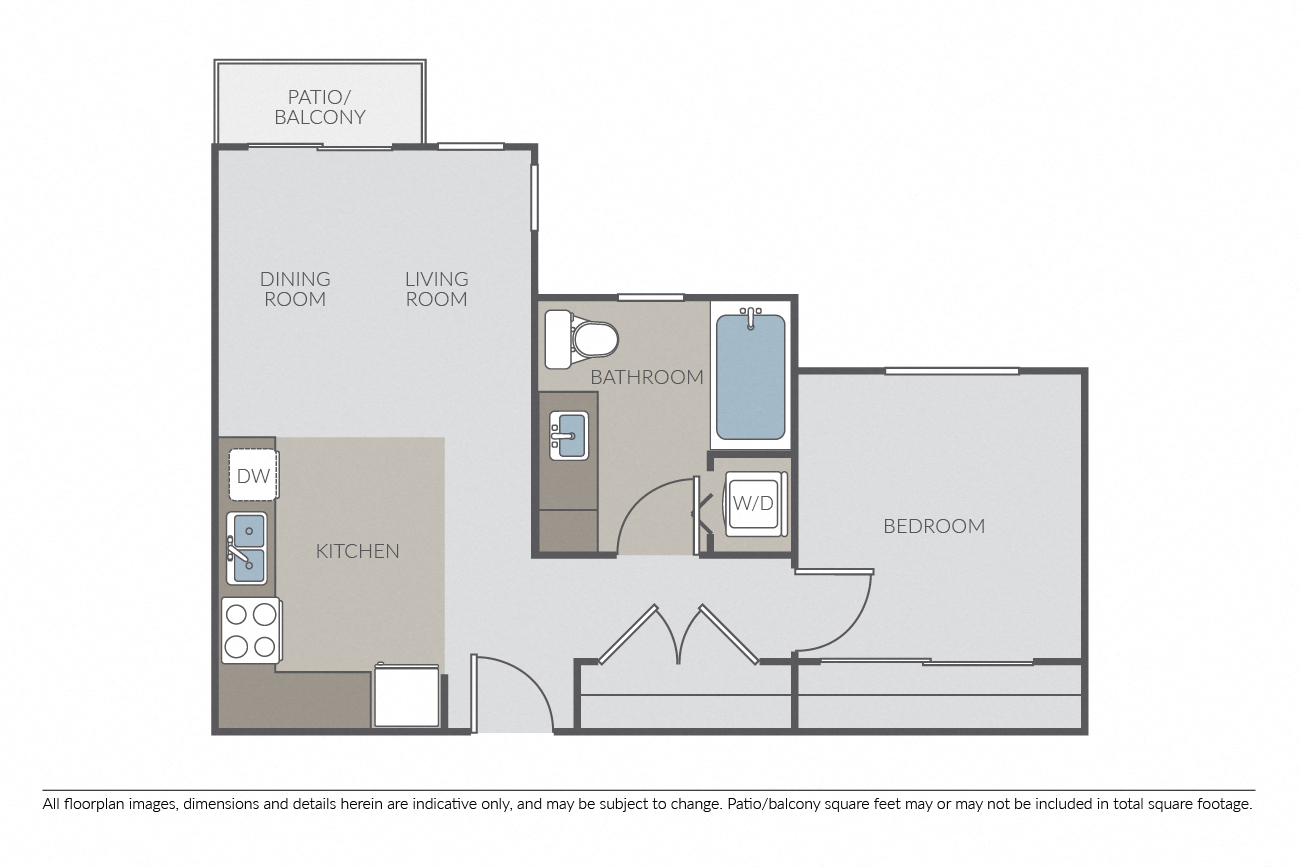 Floor plan for 1 bed, 1 bath, 606 sqft