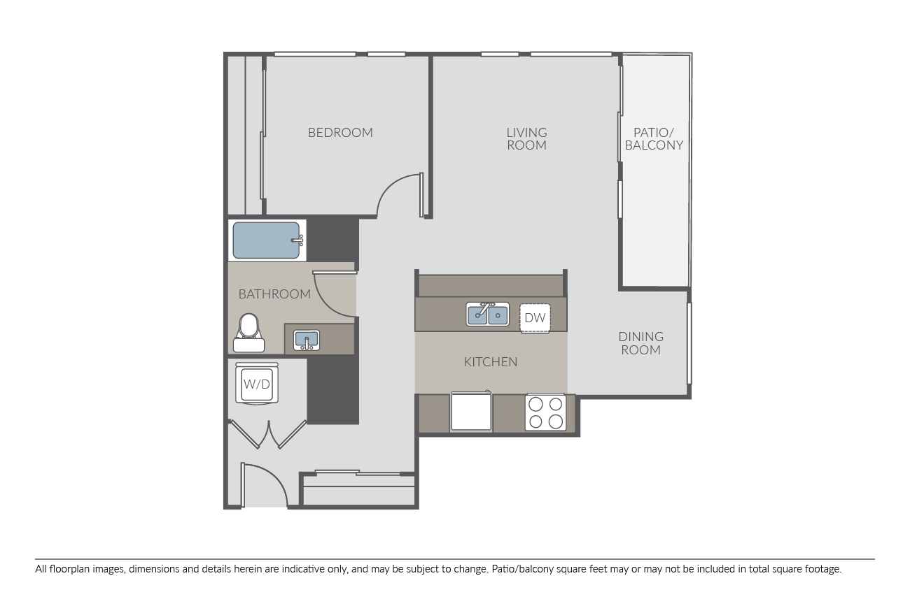 Floor plan for 1 bed, 1 bath, 700 sqft