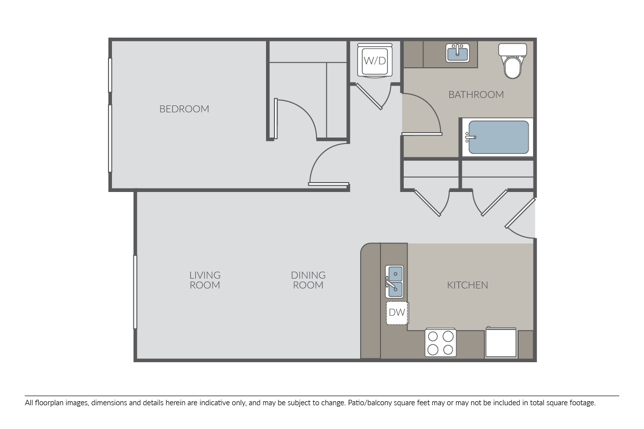 Floor plan for 1 bed, 1 bath, 708 sqft