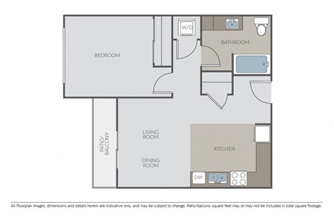 Floor plan for 1 bed, 1 bath, 611 sqft