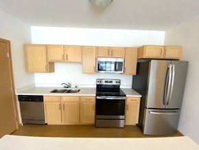 Madison apartment for rent - A kitchen with wooden cabinets and stainless steel appliances.