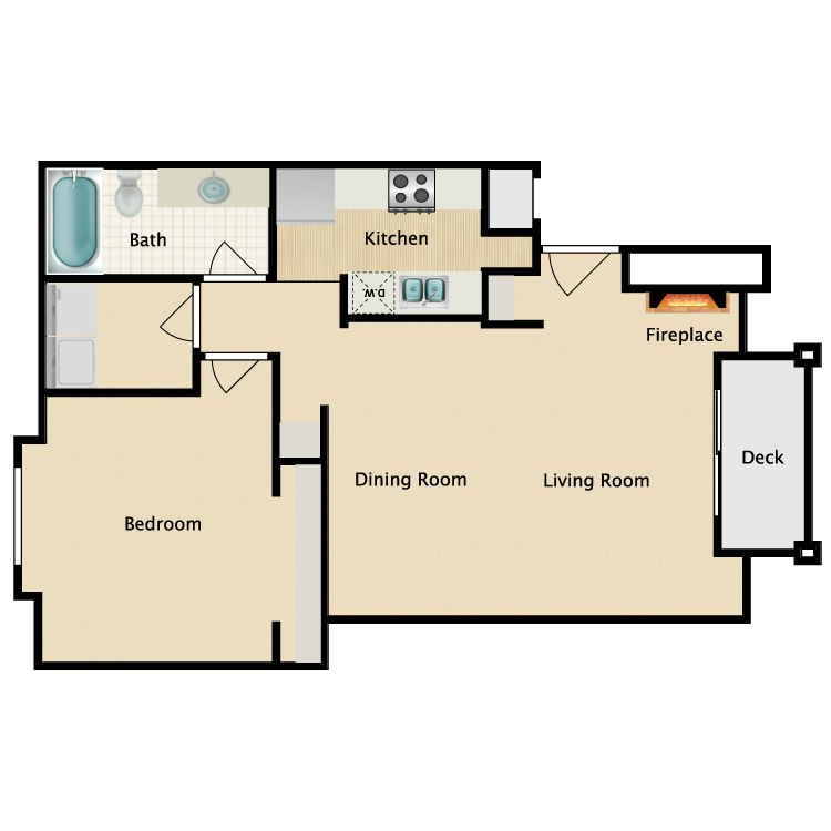 Floor plan for 1 bed, 1 bath, 690 sqft
