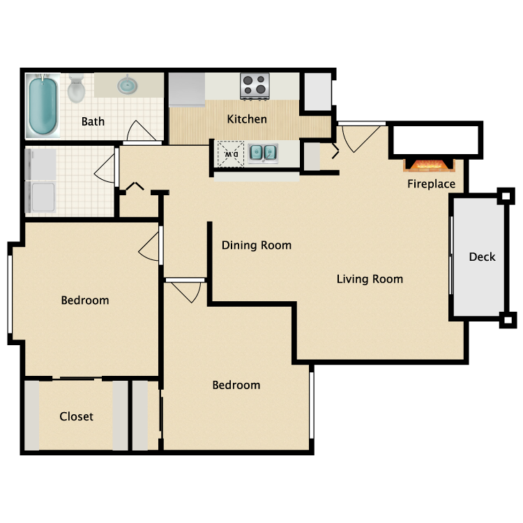 Floor plan for 2 beds, 1 bath, 823 sqft