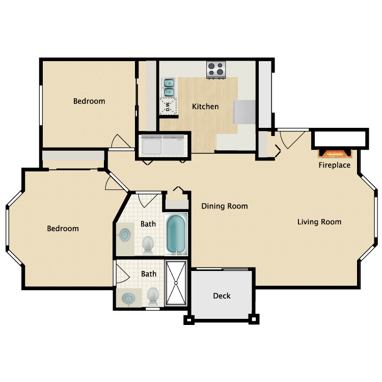 Floor plan for 2 beds, 2 baths, 924 sqft