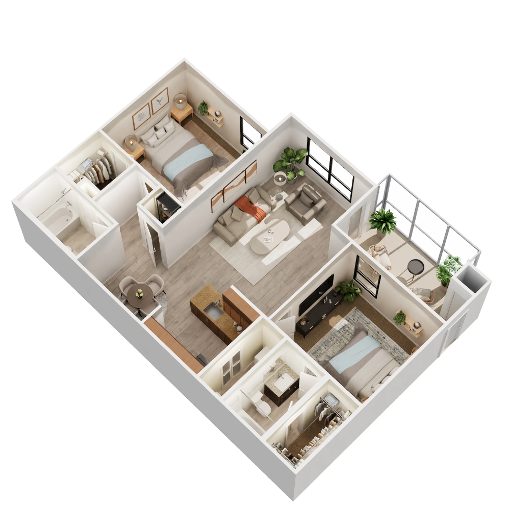 Floor plan for 2 beds, 2 baths, 1000 sqft