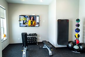 Waukee apartment for rent - a gym with weights and a tv on the wall