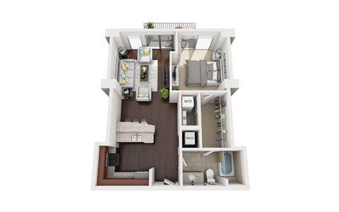 Floor plan for 1 bed, 1 bath, 717 sqft