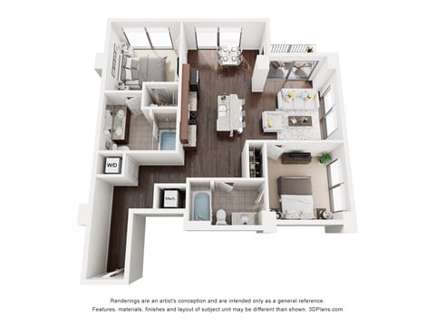Floor plan for 2 beds, 2 baths, 1130 sqft