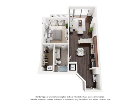 Floor plan for 1 bed, 1 bath, 769 sqft