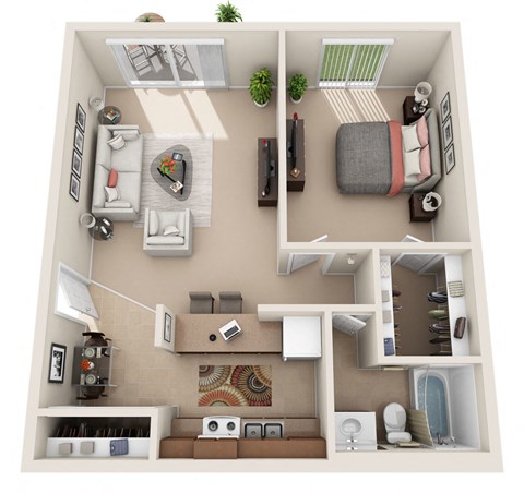 Floor plan for 1 bed, 1 bath, 700 sqft
