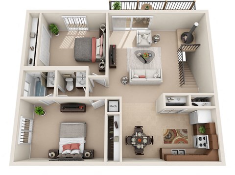 Floor plan for 2 beds, 1.3 baths, 882 sqft