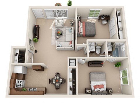 Floor plan for 2 beds, 1.3 baths, 882 sqft