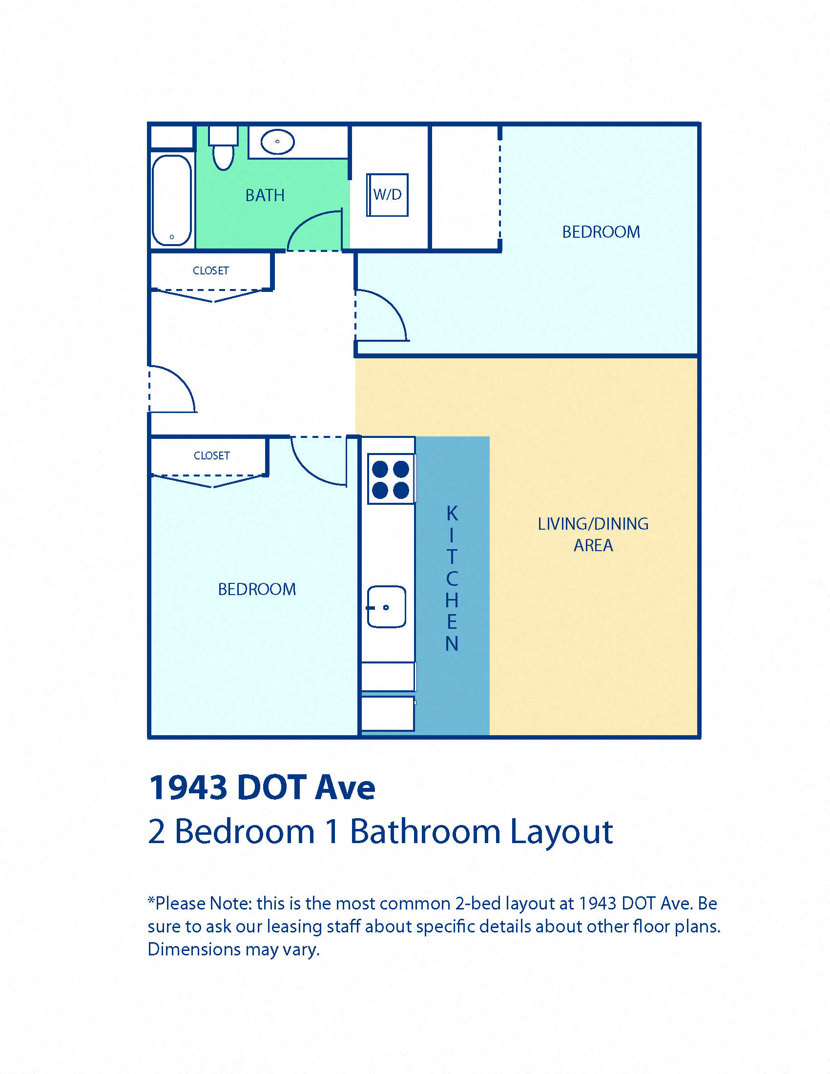 Floor plan for 2 beds, 1 bath, 930 sqft