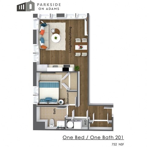 Floor plan for 1 bed, 1 bath, 798 sqft