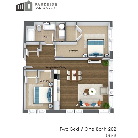 Floor plan for 2 beds, 1 bath, 904 sqft