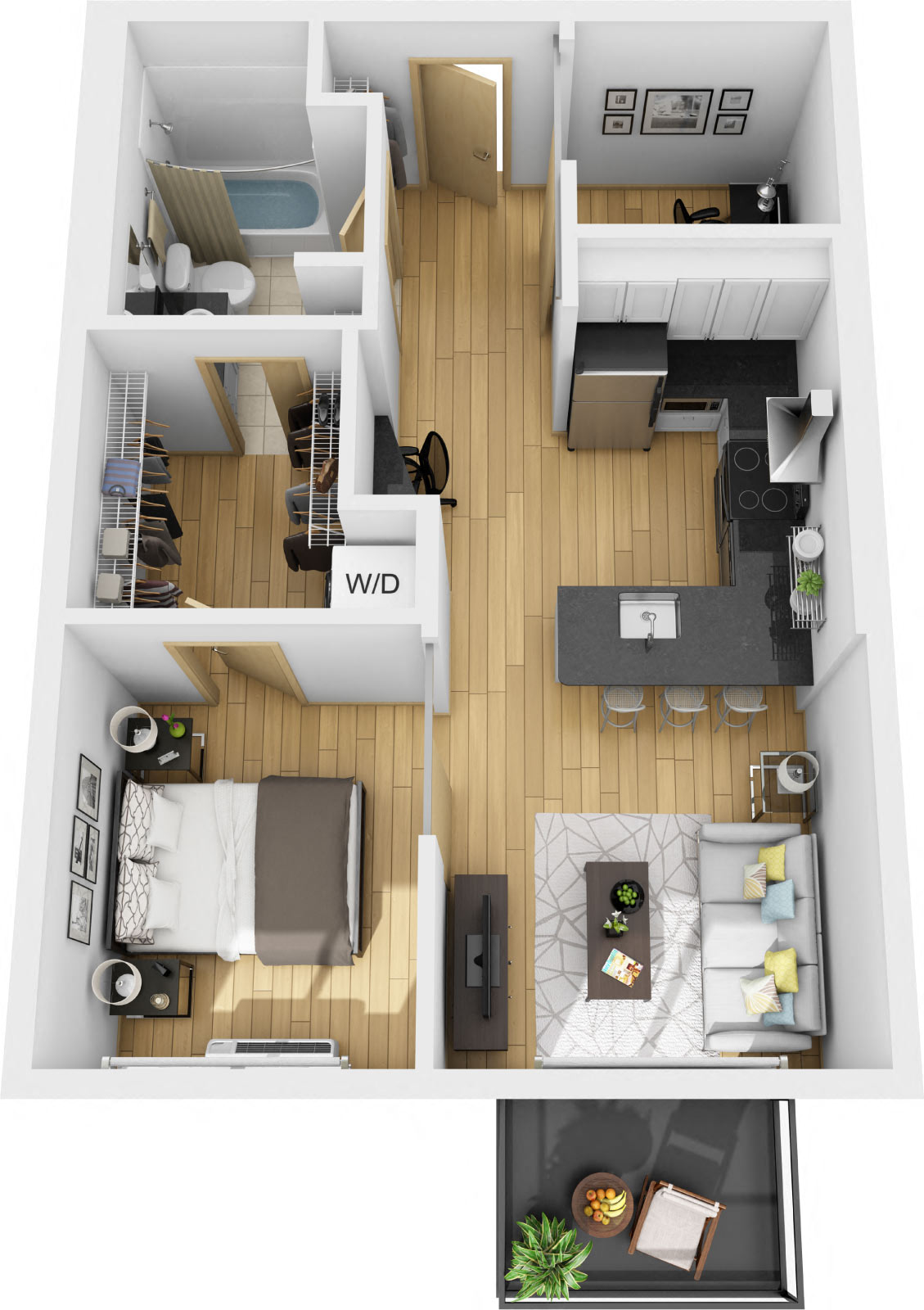 Floor plan for 1 bed, 1 bath, 598 sqft