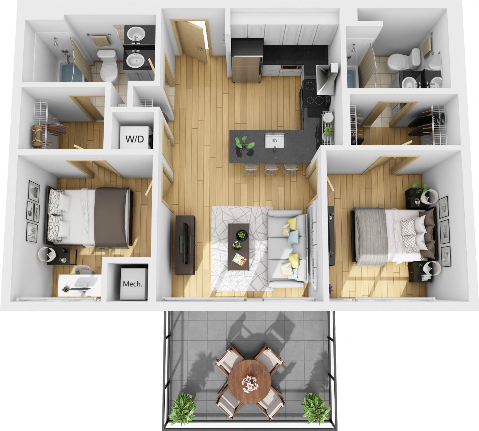 Floor plan for 2 beds, 2 baths, 956 sqft