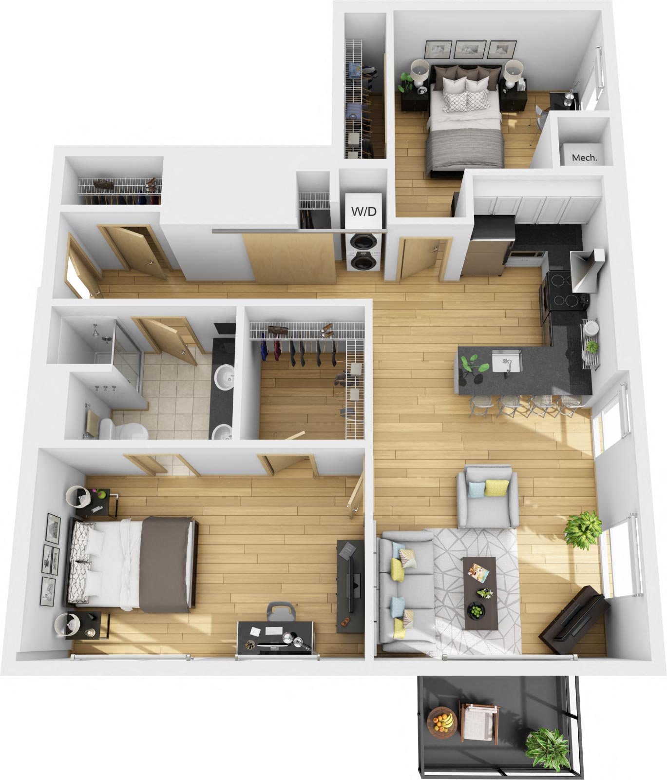 Floor plan for 2 beds, 1 bath, 817 sqft
