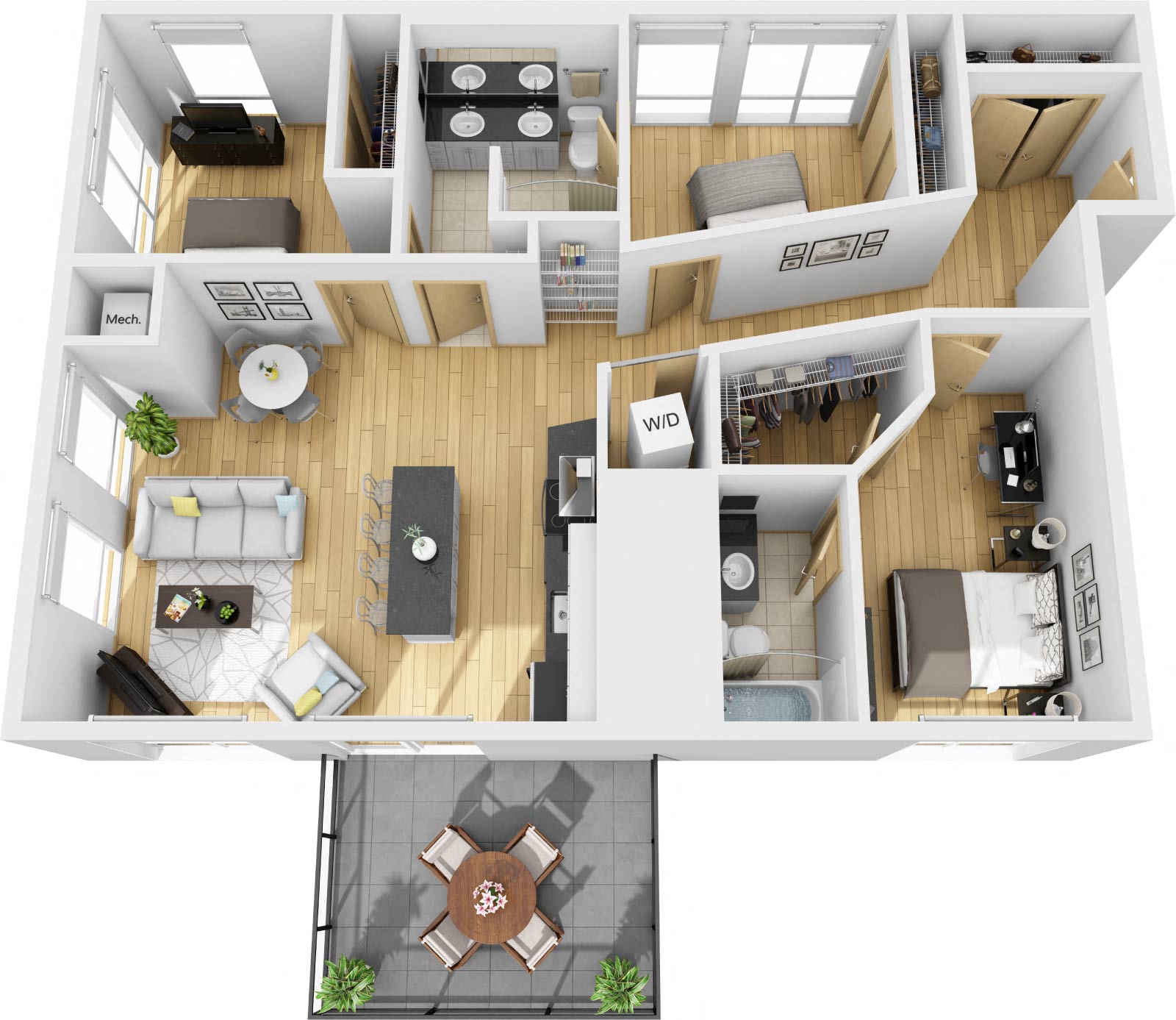 Floor plan for 3 beds, 2 baths, 1257 sqft