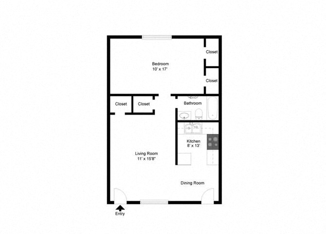 Floor plan for 1 bed, 1 bath, 645 sqft