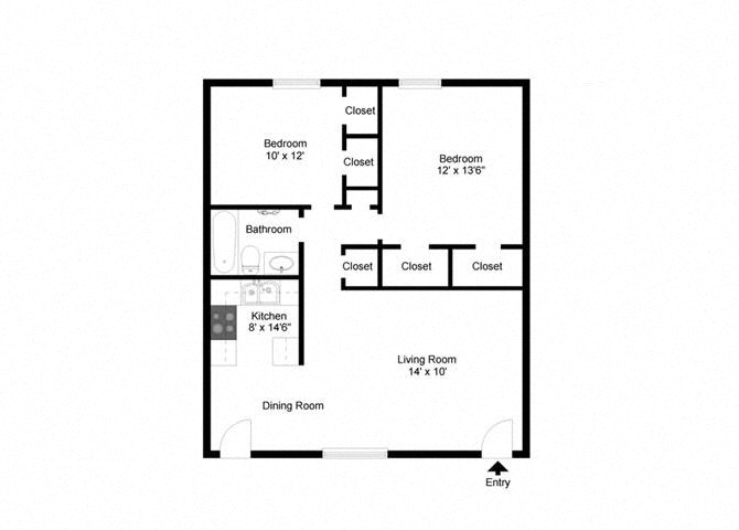 Floor plan for 2 beds, 1 bath, 867 sqft