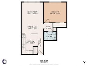Denver apartment for rent - A floor plan of a small apartment with a living room, bedroom, dining area, kitchen, hall, and bath.