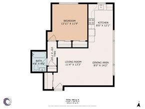 Denver apartment for rent - A floor plan of a home with a bedroom, bathroom, living room, kitchen, and dining area.