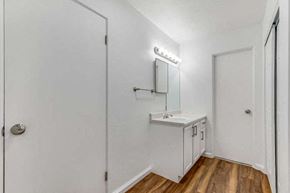 Denver apartment for rent - A white bathroom with a mirror and a light above it.