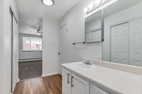 Denver apartment for rent - A bathroom with a white sink and a mirror above it.